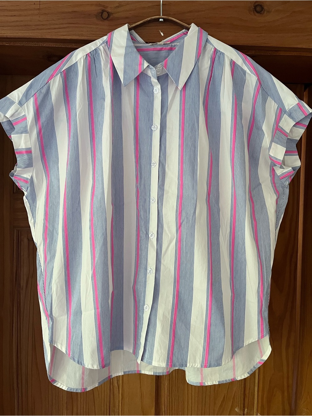 Striped 100% Cotton Button-Front Poplin Short Sleeve Blouse Boxy Oversized Fit